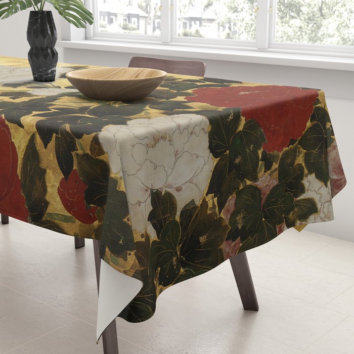 Vintage Japanese Floral Gold Leaf Screen With Wisteria and Peonies Tablecloth Gallery Image 3