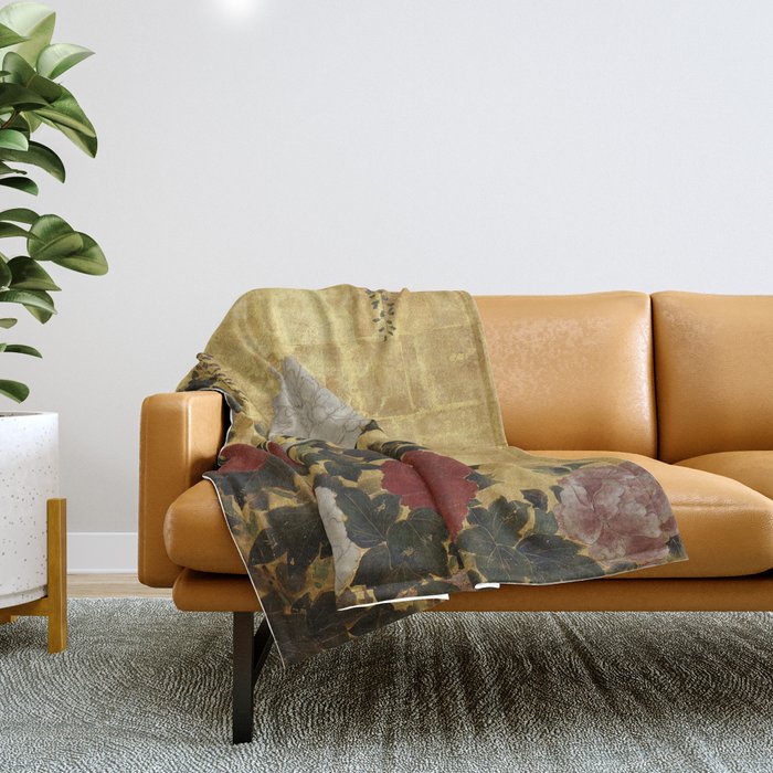 Vintage Japanese Floral Gold Leaf Screen With Wisteria and Peonies Throw Blanket Gallery Image 1