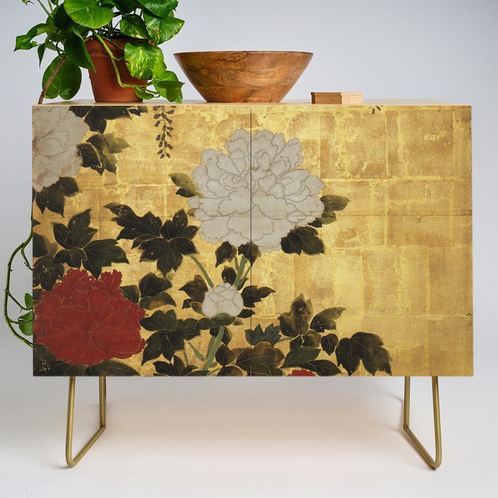 Vintage Japanese Floral Gold Leaf Screen With Wisteria and Peonies Credenza Gallery Image 1