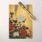 Vintage Japanese Floral Gold Leaf Screen With Wisteria and Peonies Wrapping Paper Gallery Image 1