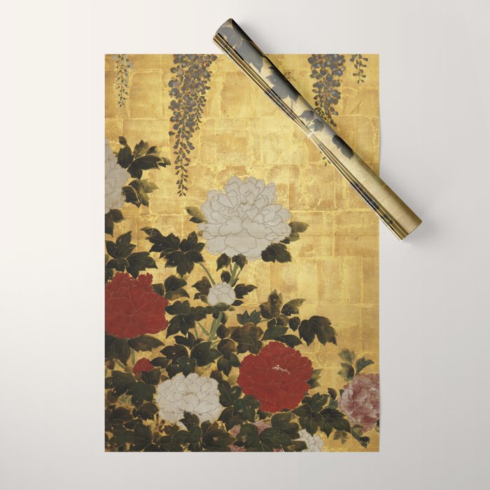 Vintage Japanese Floral Gold Leaf Screen With Wisteria and Peonies Wrapping Paper Gallery Image 1