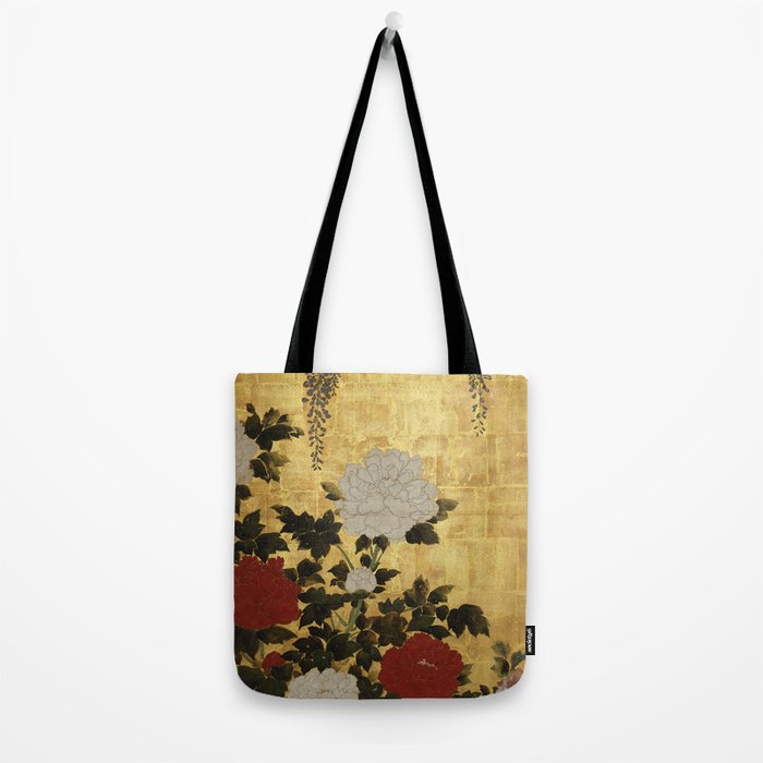 Vintage Japanese Floral Gold Leaf Screen With Wisteria and Peonies Tote Bag Gallery Image 2