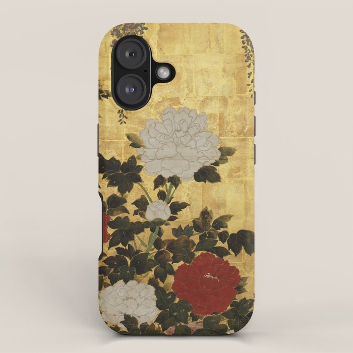 Vintage Japanese Floral Gold Leaf Screen With Wisteria and Peonies iPhone Case Gallery Image 1