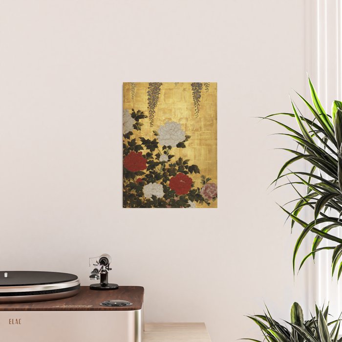 Vintage Japanese Floral Gold Leaf Screen With Wisteria and Peonies Poster Gallery Image 2