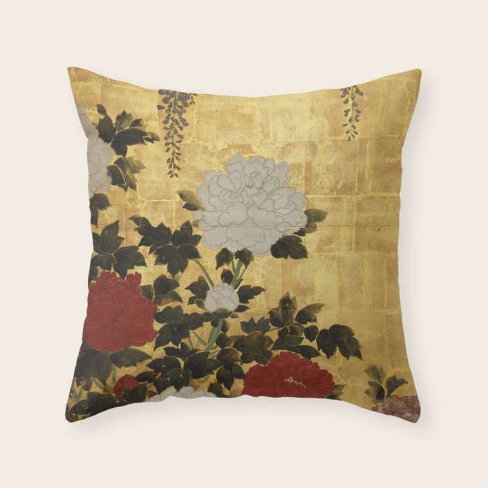 Vintage Japanese Floral Gold Leaf Screen With Wisteria and Peonies Throw Pillow Gallery Image 6