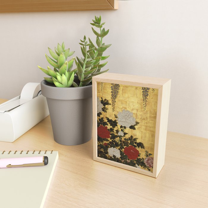 Vintage Japanese Floral Gold Leaf Screen With Wisteria and Peonies Mini Art Print Gallery Image 2