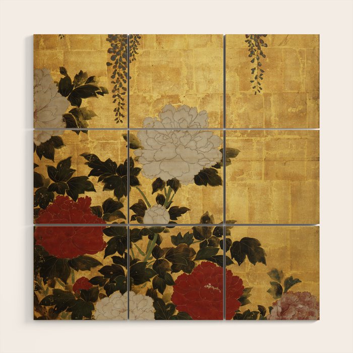 Vintage Japanese Floral Gold Leaf Screen With Wisteria and Peonies Wood Wall Art Gallery Image 1