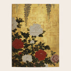 Vintage Japanese Floral Gold Leaf Screen With Wisteria and Peonies Poster Gallery Image 4