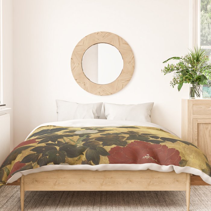 Vintage Japanese Floral Gold Leaf Screen With Wisteria and Peonies Duvet Cover Gallery Image 3
