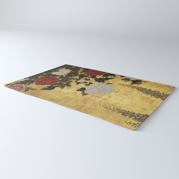 Vintage Japanese Floral Gold Leaf Screen With Wisteria and Peonies Rug Gallery Image 3