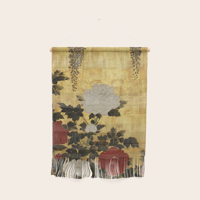 Vintage Japanese Floral Gold Leaf Screen With Wisteria and Peonies Wall Hanging Gallery Image 1