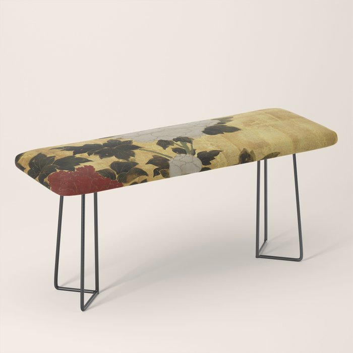 Vintage Japanese Floral Gold Leaf Screen With Wisteria and Peonies Bench Gallery Image 1