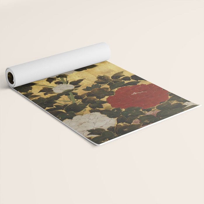 Vintage Japanese Floral Gold Leaf Screen With Wisteria and Peonies Yoga Mat Gallery Image 2