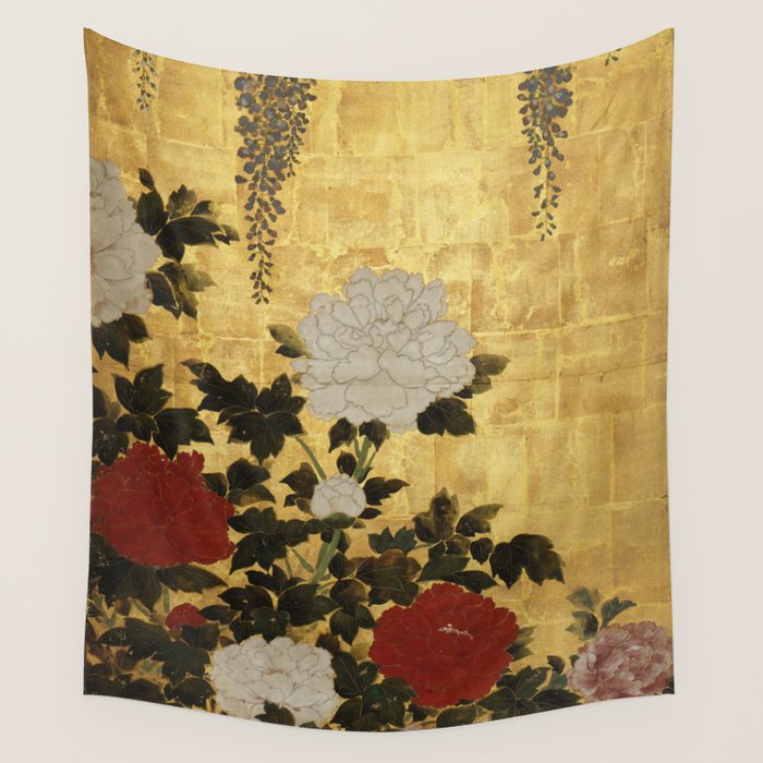 Vintage Japanese Floral Gold Leaf Screen With Wisteria and Peonies Wall Tapestry Gallery Image 4