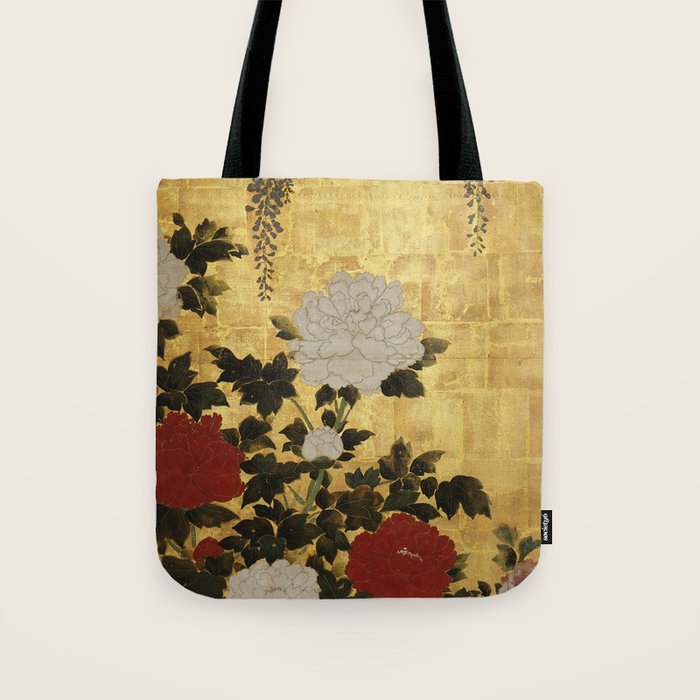 Vintage Japanese Floral Gold Leaf Screen With Wisteria and Peonies Tote Bag Gallery Image 1