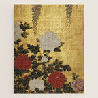 Vintage Japanese Floral Gold Leaf Screen With Wisteria and Peonies Jigsaw Puzzle Gallery Image 1