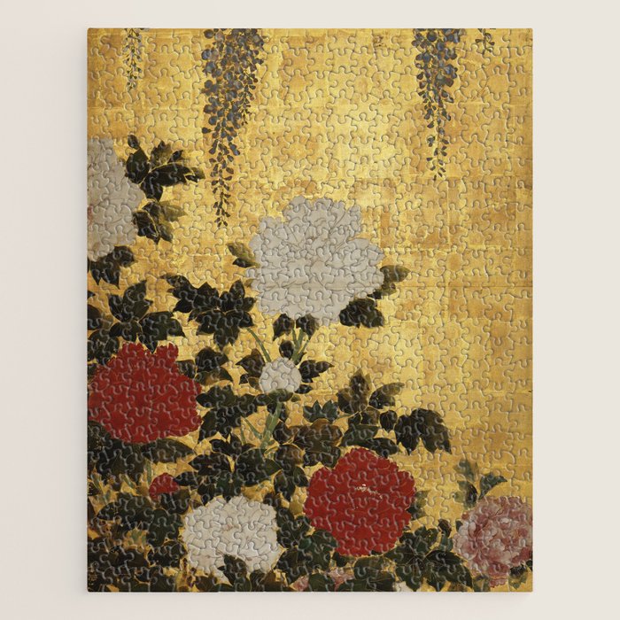 Vintage Japanese Floral Gold Leaf Screen With Wisteria and Peonies Jigsaw Puzzle Gallery Image 1