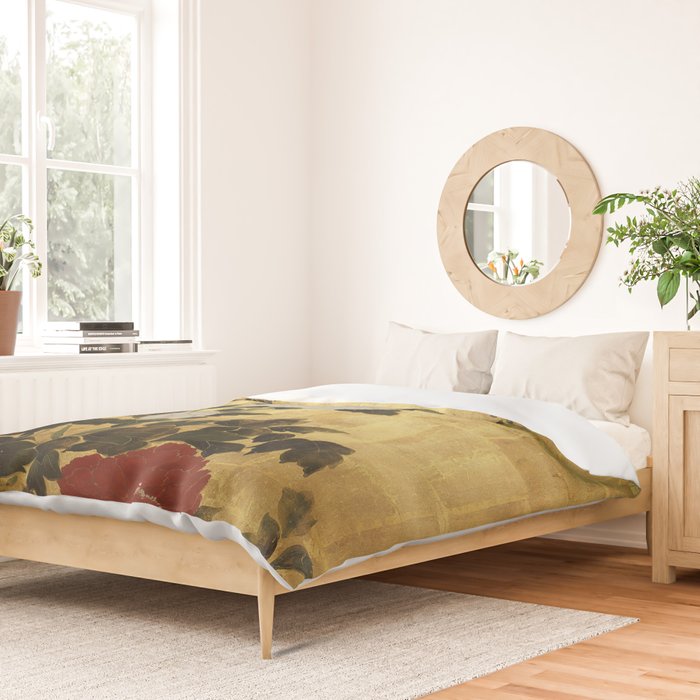 Vintage Japanese Floral Gold Leaf Screen With Wisteria and Peonies Duvet Cover Gallery Image 2