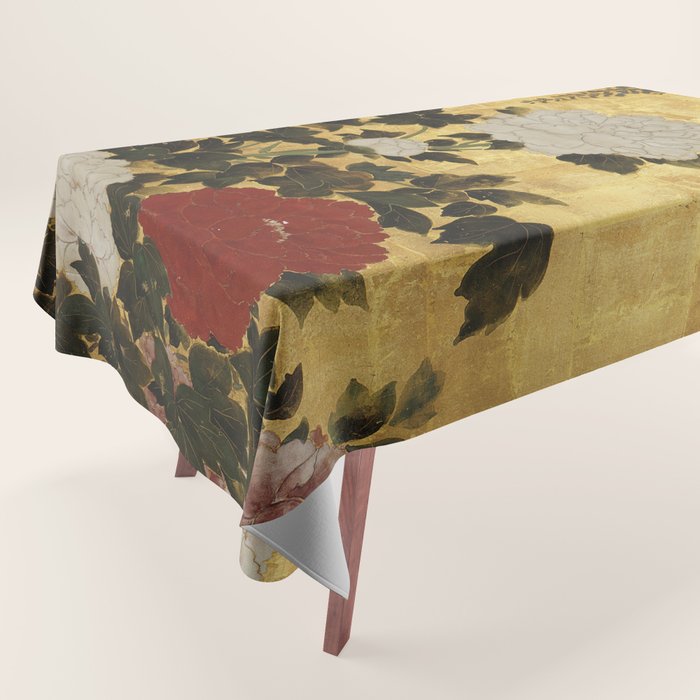 Vintage Japanese Floral Gold Leaf Screen With Wisteria and Peonies Tablecloth Gallery Image 1