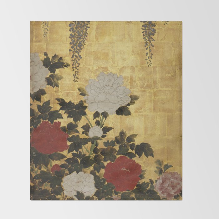 Vintage Japanese Floral Gold Leaf Screen With Wisteria and Peonies Throw Blanket Gallery Image 2