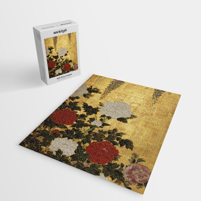 Vintage Japanese Floral Gold Leaf Screen With Wisteria and Peonies Jigsaw Puzzle Gallery Image 2