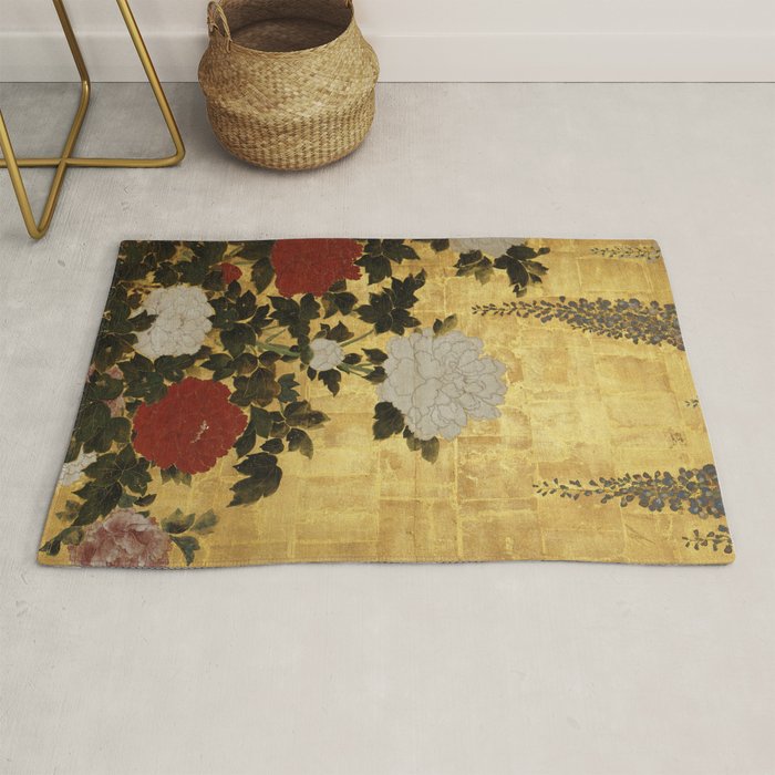 Vintage Japanese Floral Gold Leaf Screen With Wisteria and Peonies Rug Gallery Image 1