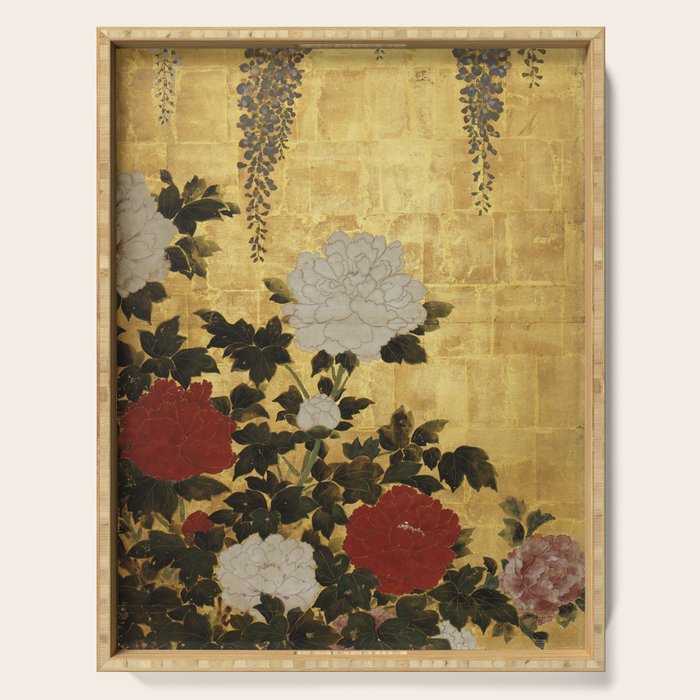 Vintage Japanese Floral Gold Leaf Screen With Wisteria and Peonies Serving Tray Gallery Image 1