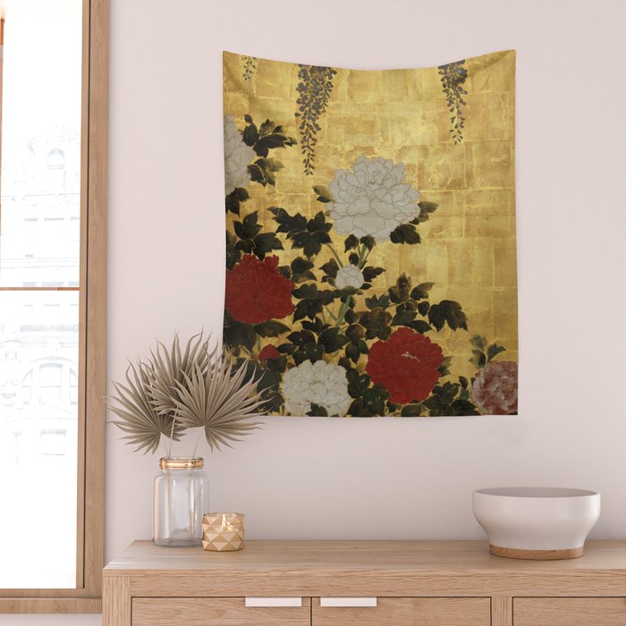 Vintage Japanese Floral Gold Leaf Screen With Wisteria and Peonies Wall Tapestry Gallery Image 2