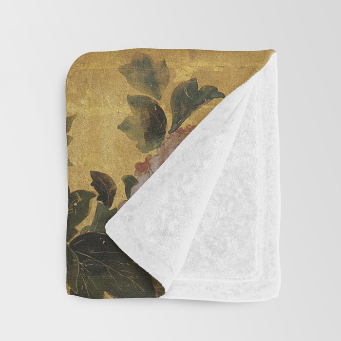 Vintage Japanese Floral Gold Leaf Screen With Wisteria and Peonies Throw Blanket Gallery Image 3