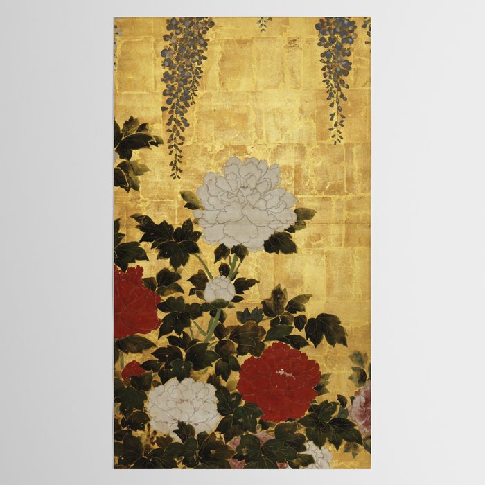 Vintage Japanese Floral Gold Leaf Screen With Wisteria and Peonies Tablecloth Gallery Image 2