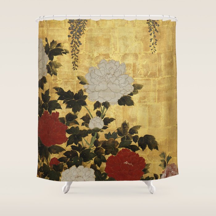 Vintage Japanese Floral Gold Leaf Screen With Wisteria and Peonies Shower Curtain Gallery Image 1