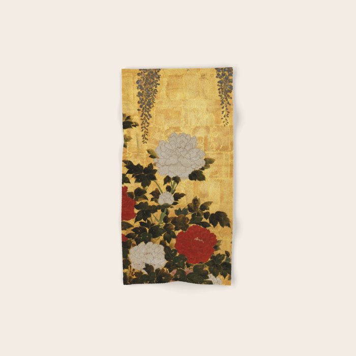 Vintage Japanese Floral Gold Leaf Screen With Wisteria and Peonies Bath Towel Gallery Image 1