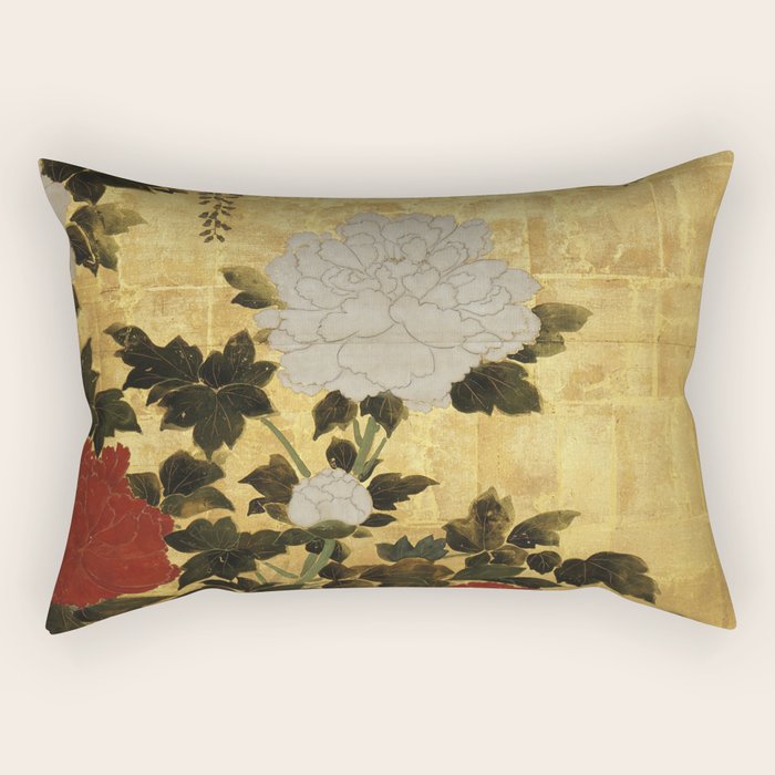 Vintage Japanese Floral Gold Leaf Screen With Wisteria and Peonies Rectangular Pillow Gallery Image 1