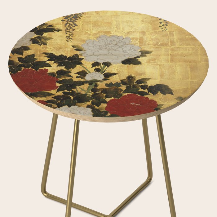 Vintage Japanese Floral Gold Leaf Screen With Wisteria and Peonies Side Table Gallery Image 2