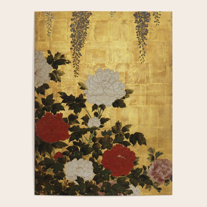 Vintage Japanese Floral Gold Leaf Screen With Wisteria and Peonies Poster Gallery Image 1