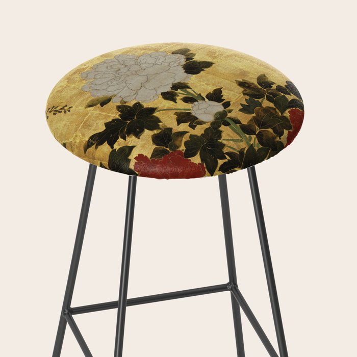 Vintage Japanese Floral Gold Leaf Screen With Wisteria and Peonies Stool Gallery Image 2