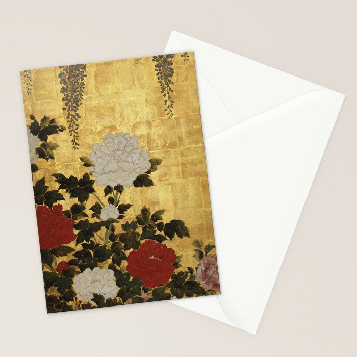 Vintage Japanese Floral Gold Leaf Screen With Wisteria and Peonies Stationery Card Gallery Image 2
