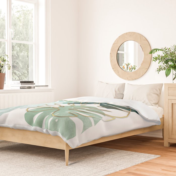 Tropical minimal / green, turquoise and gold monstera Duvet Cover Gallery Image 2