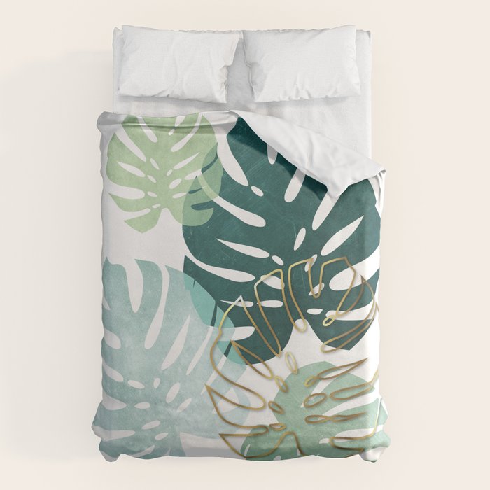 Tropical minimal / green, turquoise and gold monstera Duvet Cover Gallery Image 1