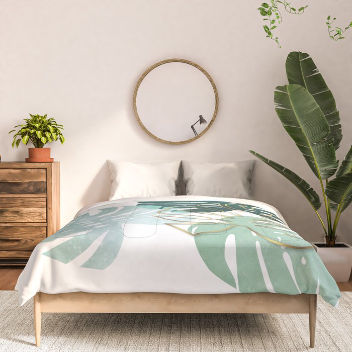 Tropical minimal / green, turquoise and gold monstera Comforter Gallery Image 3