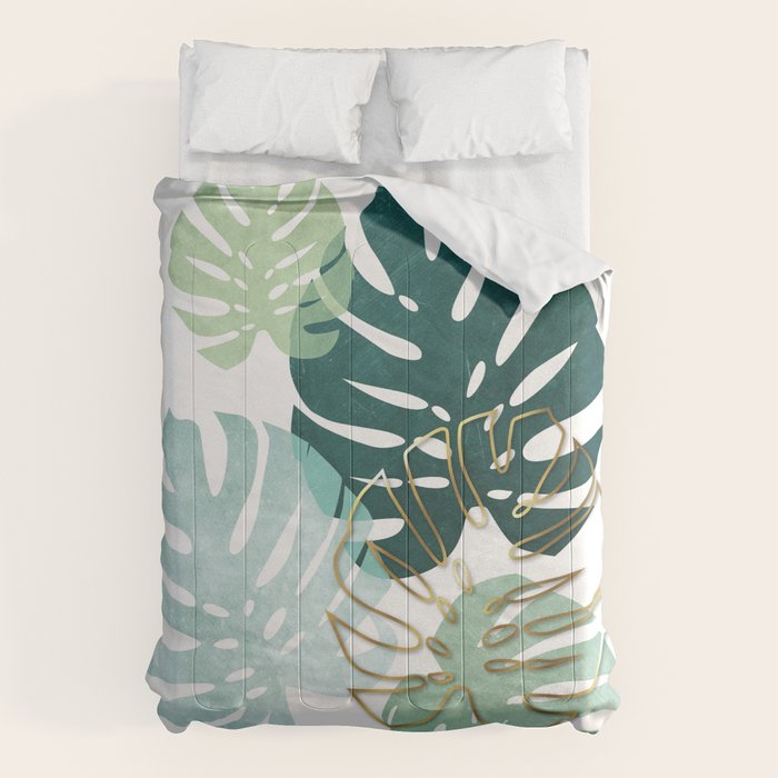 Tropical minimal / green, turquoise and gold monstera Comforter Gallery Image 6