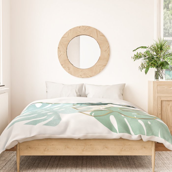 Tropical minimal / green, turquoise and gold monstera Duvet Cover Gallery Image 3