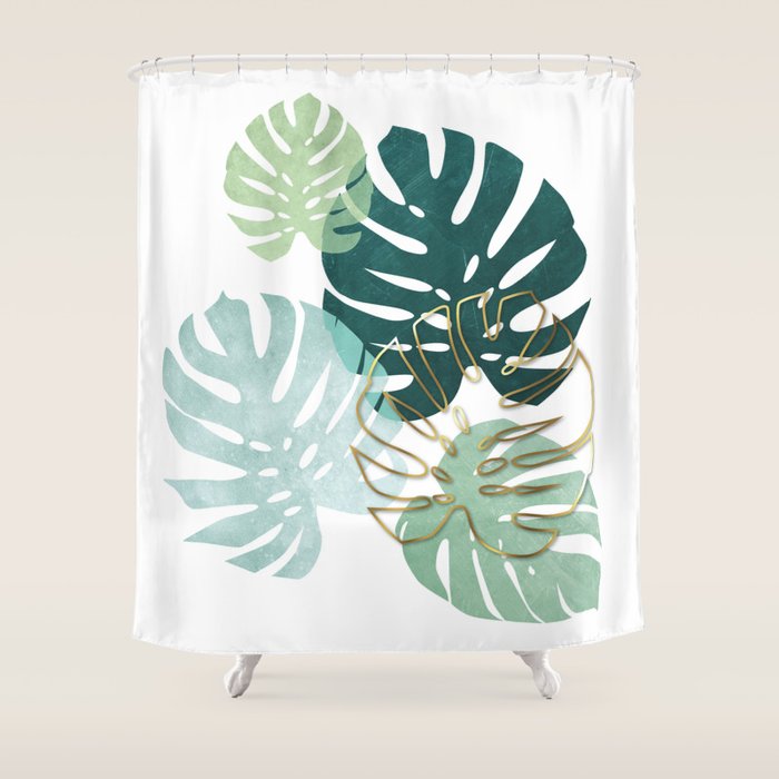 Tropical minimal / green, turquoise and gold monstera Shower Curtain Gallery Image 1