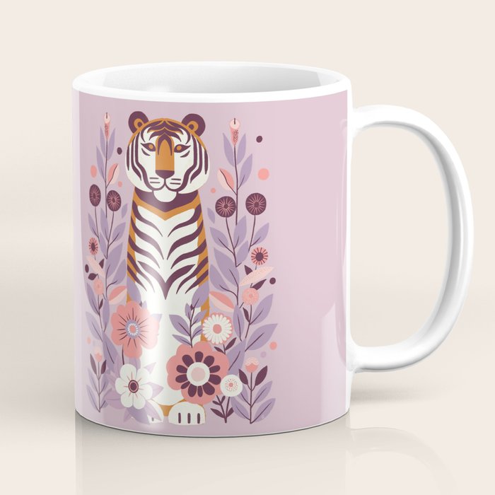 Serene Tiger in Blooming Garden - Pastel Floral Illustration Coffee Mug Gallery Image 1