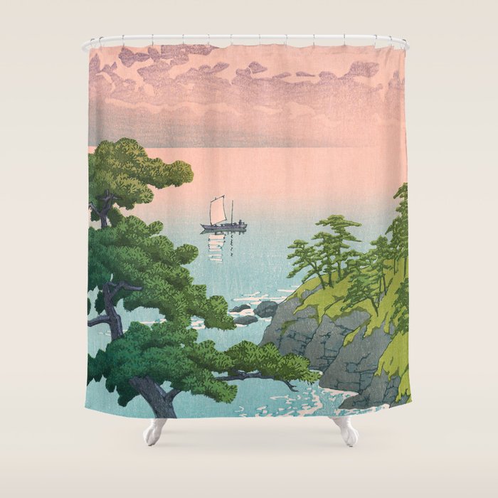 Hasui Kawase, Red Clouds Over The Sea - Vintage Japanese Woodblock Print Art Shower Curtain Gallery Image 1