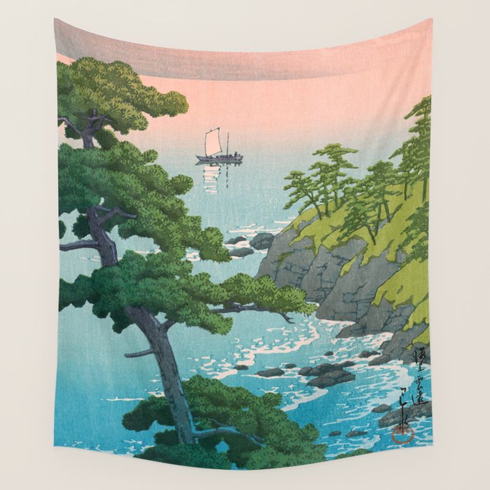 Hasui Kawase, Red Clouds Over The Sea - Vintage Japanese Woodblock Print Art Wall Tapestry Gallery Image 4