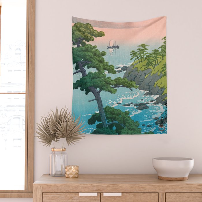 Hasui Kawase, Red Clouds Over The Sea - Vintage Japanese Woodblock Print Art Wall Tapestry Gallery Image 2