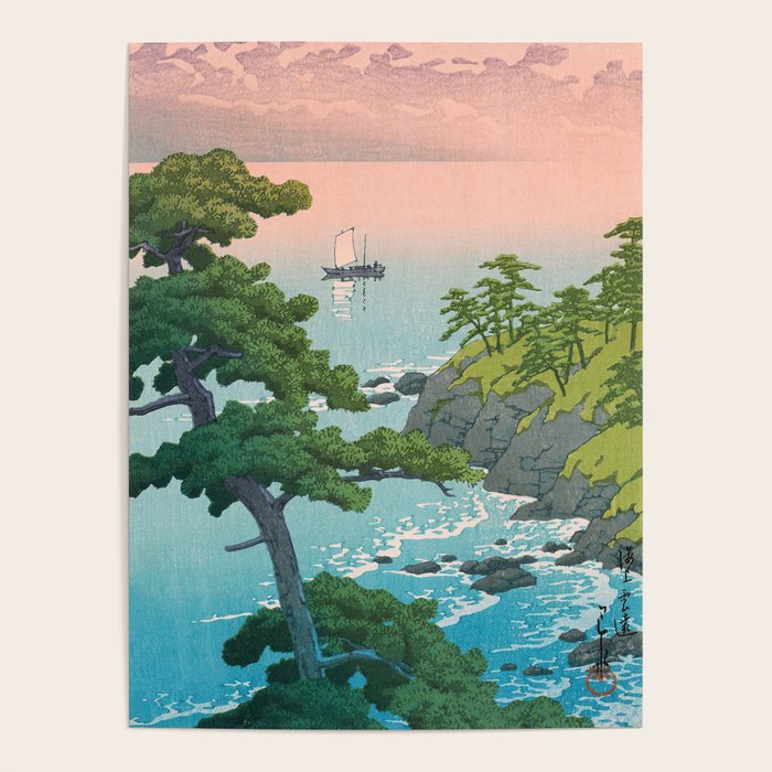 Hasui Kawase, Red Clouds Over The Sea - Vintage Japanese Woodblock Print Art Poster Gallery Image 1