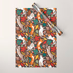 Autumn joy // brown oak background cats dancing with many leaves in fall colors Wrapping Paper Gallery Image 1