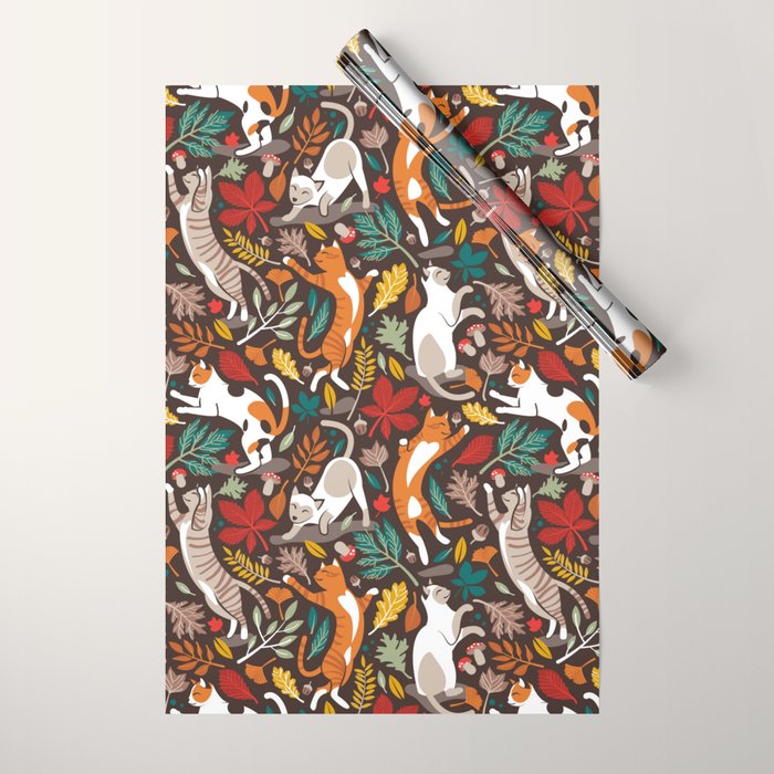 Autumn joy // brown oak background cats dancing with many leaves in fall colors Wrapping Paper Gallery Image 1